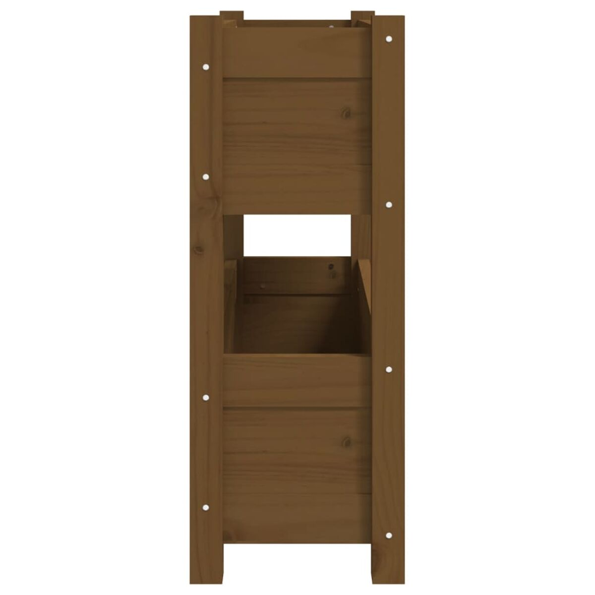 Nahaufnahme eines braunen Holzpflanzgefäßes mit zwei Öffnungen. Seitenansicht, die die Struktur zeigt.