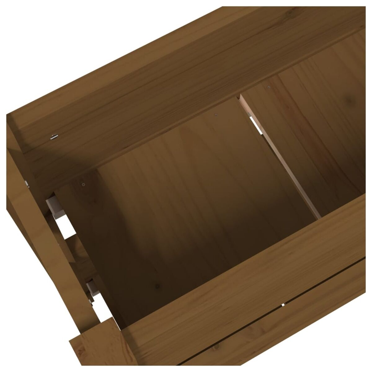 Holzkiste, braun, mit Lamellen. Zeigt das Innere und den Boden.
