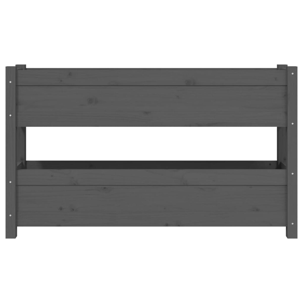 Grauer Holzbettenrahmen. Einfaches Design, horizontale Lamellen.