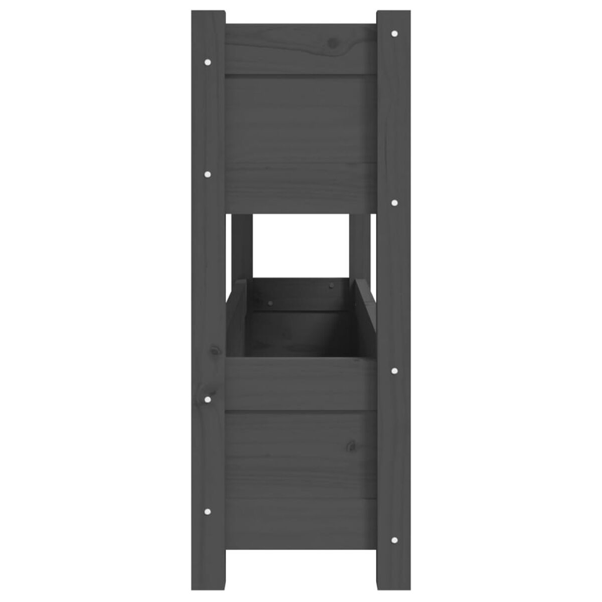 Dunkelgrauer Pflanzkasten aus Holz mit unterem Regal und zwei Fächern.
