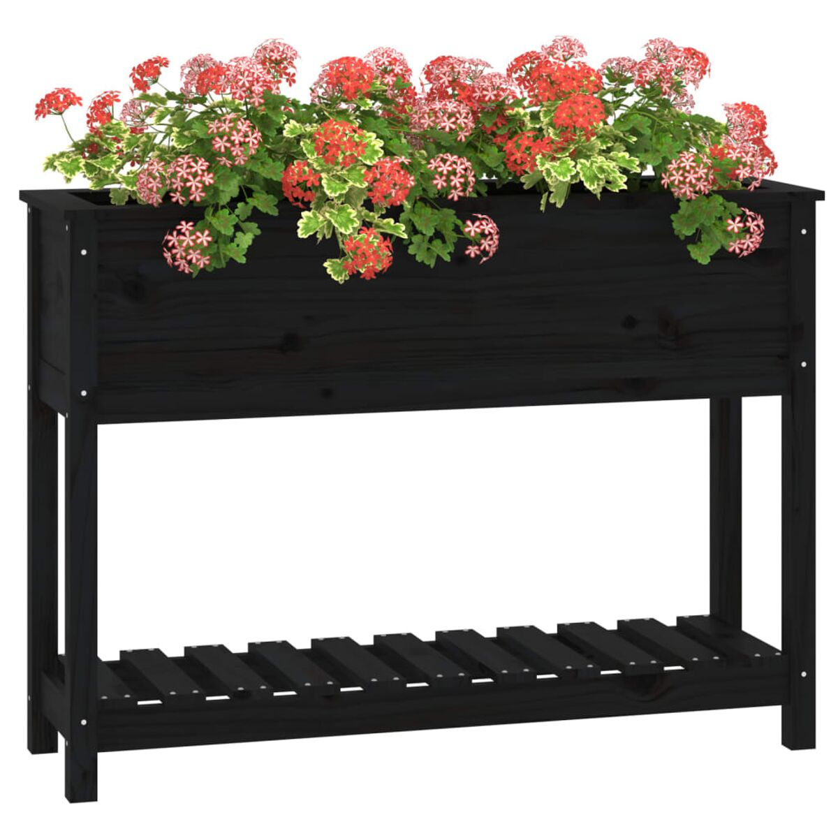Schwarzer Holzkasten mit roten Blumen. Hat ein unteres Regal.