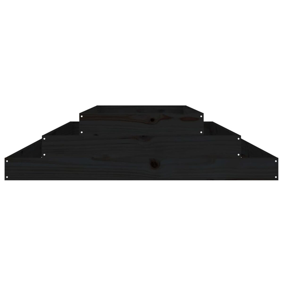 Holztreppe, dunkle Holzfarbe. Konstruiert aus Brettern mit sichtbaren Befestigungen.