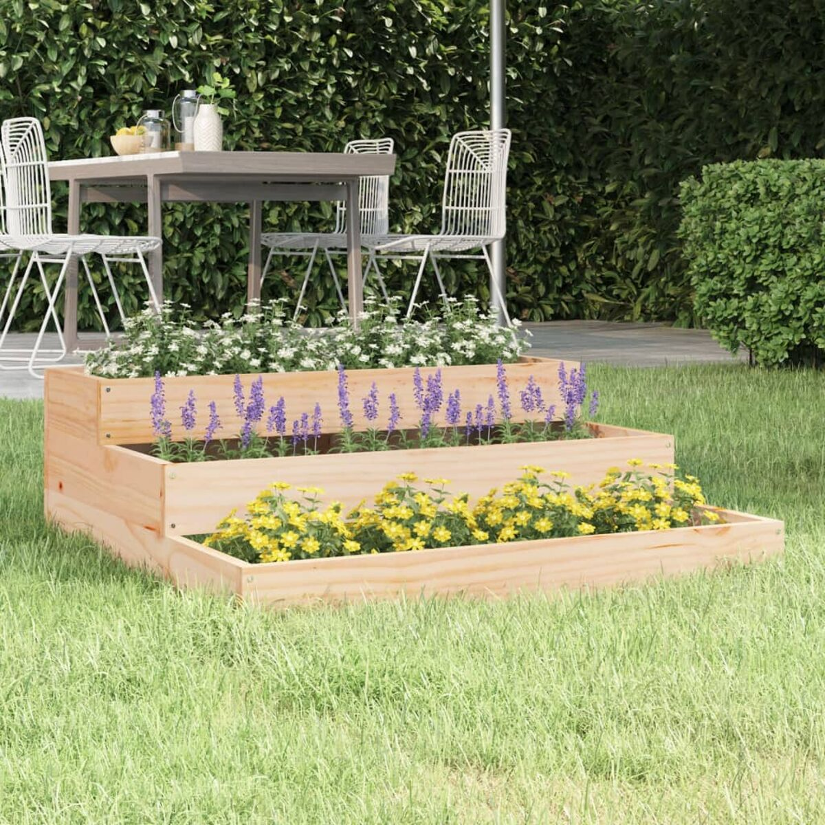 Gestufter Pflanzer aus Holz mit Blumen. Grüner Rasen und Heckenhintergrund.
