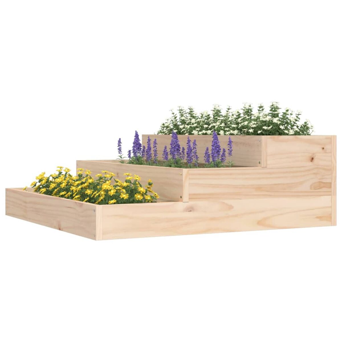 Dreistufiger Holz-Pflanzkasten mit verschiedenen Pflanzen und Blumen.