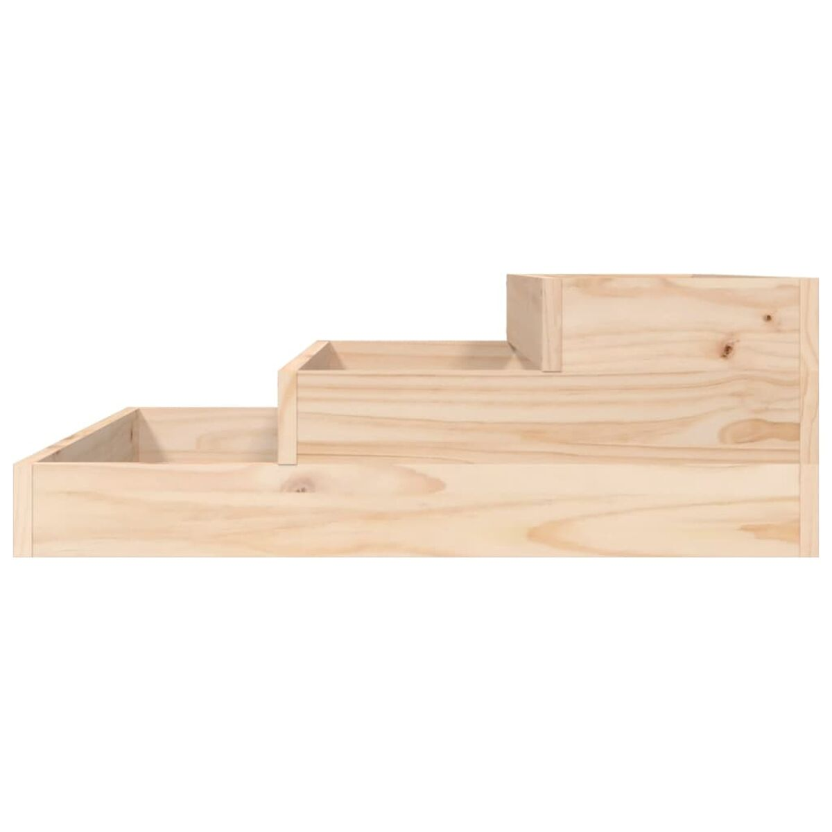 Eine holzähnliche, stufenartige Struktur mit drei Ebenen, die in der Größe abnehmen.