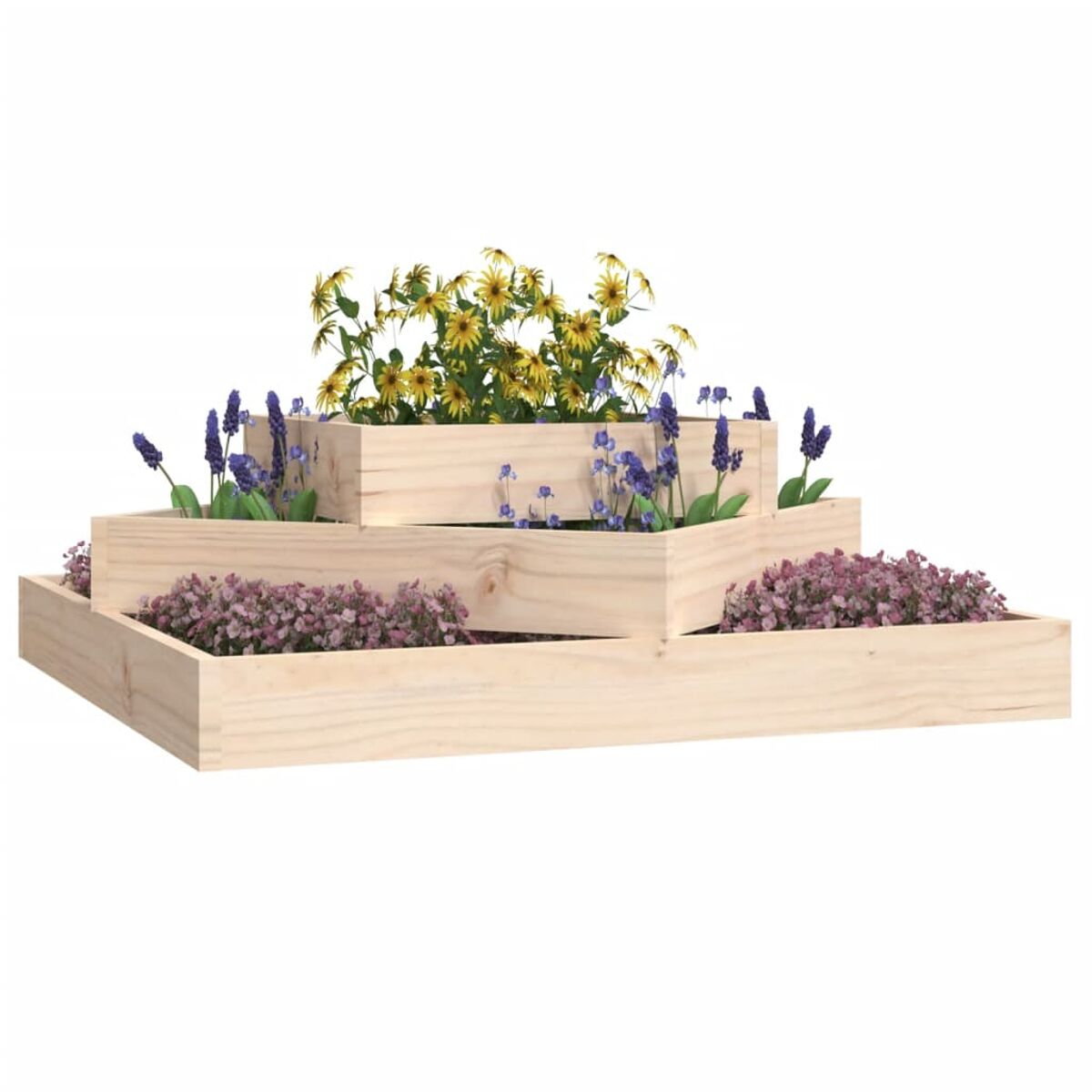 Ein gestufter Pflanzkasten mit Blumen. Die Blumen sind gelb, lila und rosa.