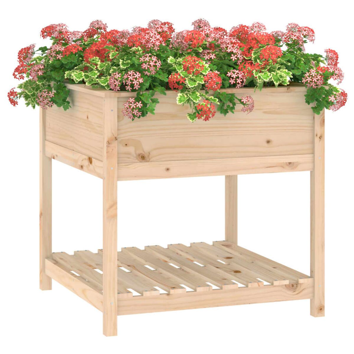 Holzpflanzer mit roten und grünen Blumen oben. Unten befindet sich ein Regal.