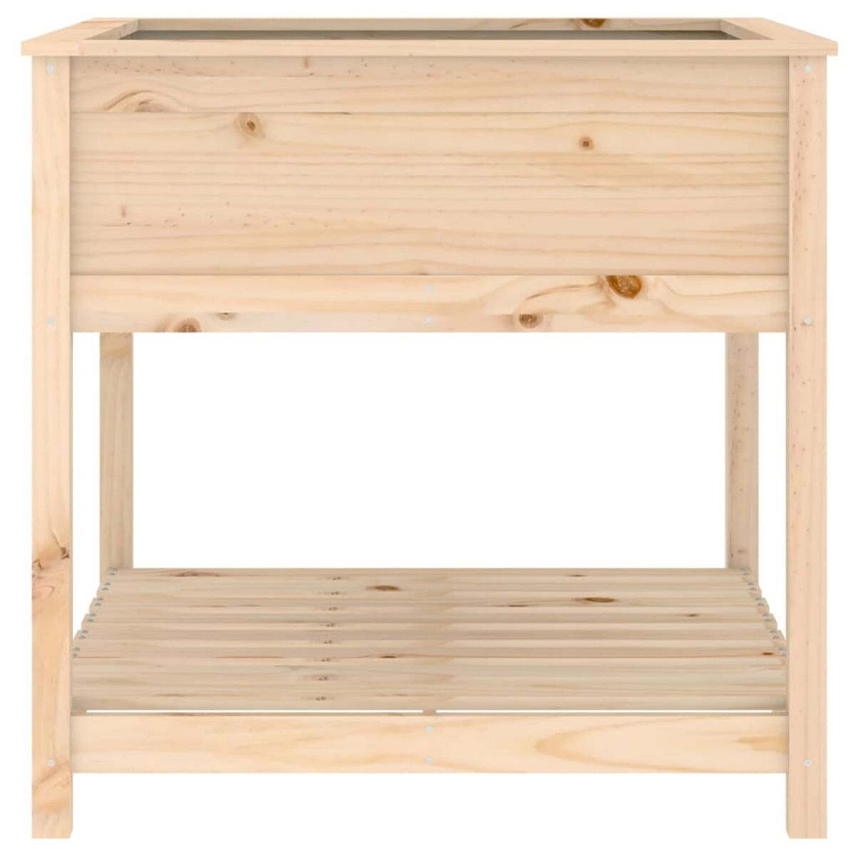 Holzpflanzer mit rechteckiger Form. Unten befindet sich ein Regal. Der Pflanzer ist aus hellem Holz gefertigt.