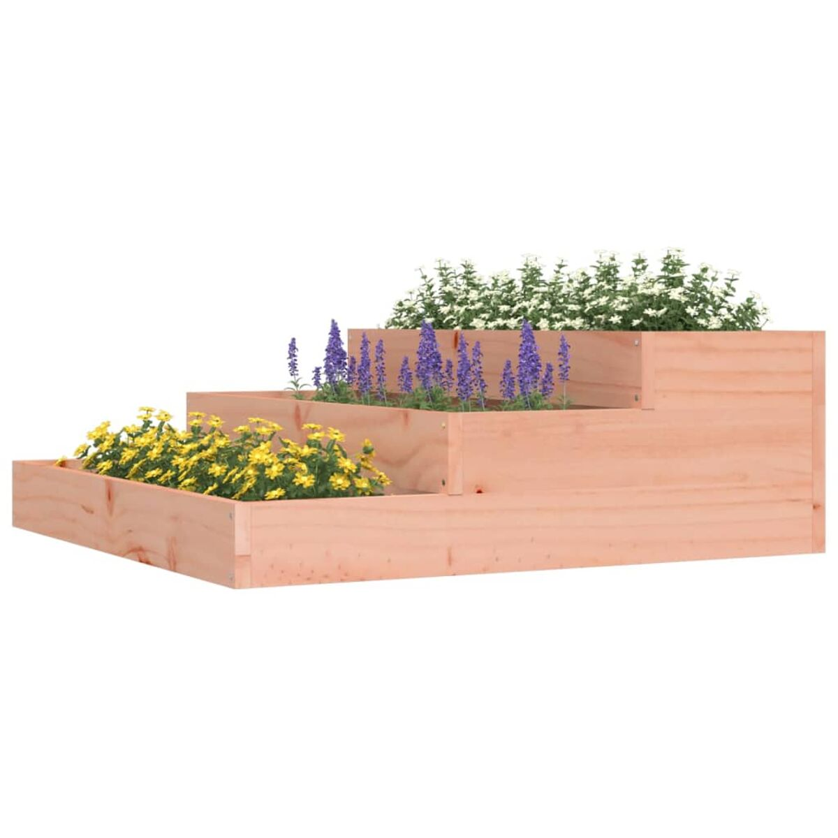 Ein mehrstufiger Holzpflanzer mit Blumen. Der Pflanzer hat gelbe, lila und weiße Blumen.
