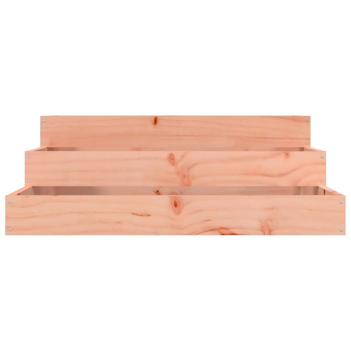 Ein Set aus drei Holzregalen. Sie sind hellbraun und gestapelt.