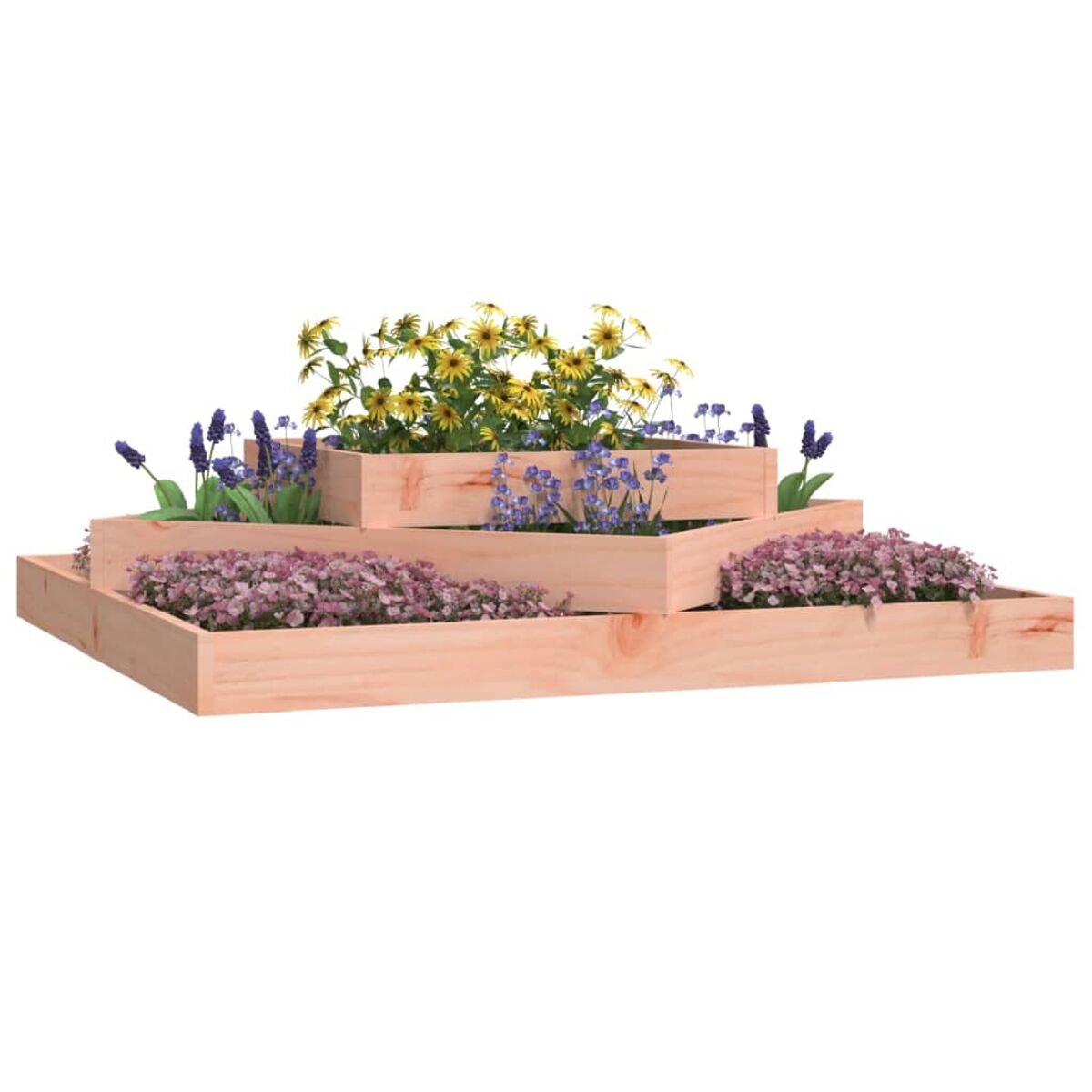 Gestufter Pflanzkasten mit verschiedenen bunten Blumen. Weißer Hintergrund, zeigt die Anordnung.