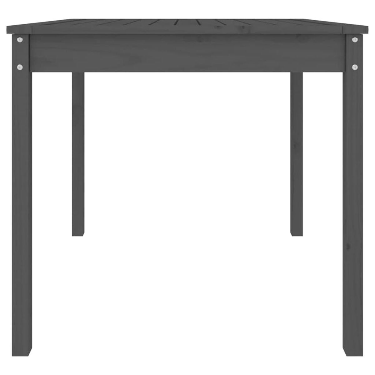 Grauer quadratischer Gartentisch, Lattenrost. Vier Beine, vier Schrauben an jeder Ecke. Einfaches Design.