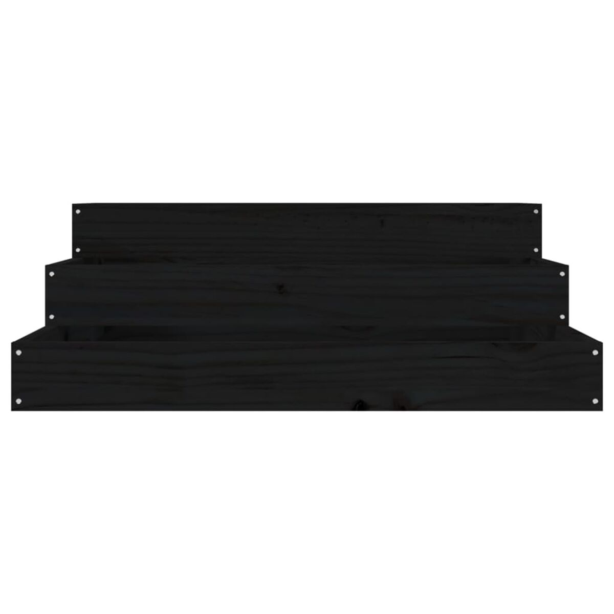 Drei schwarze Regale, Stufenförmiges Design, aus Holz, mit sichtbaren Schrauben.