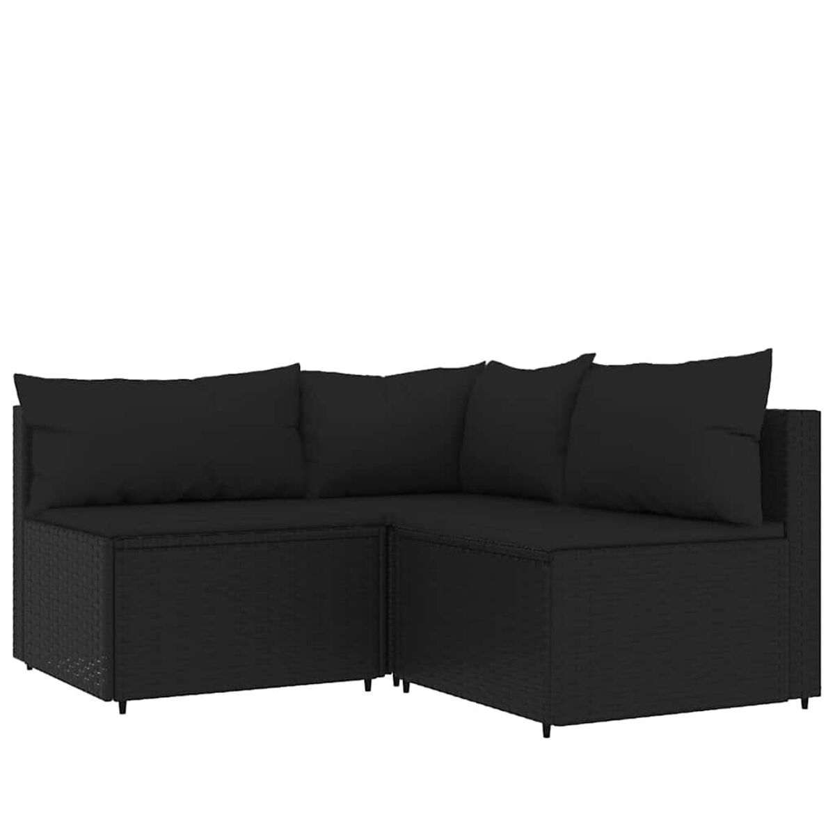 Schwarzes Rattan-Ecksofa mit schwarzen Kissen vor weißem Hintergrund.