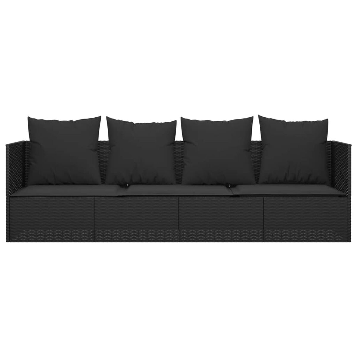 Schwarzes gewebtes Outdoor-Sofa mit vier schwarzen Kissen. Das Sofa hat ein gewebtes Design.