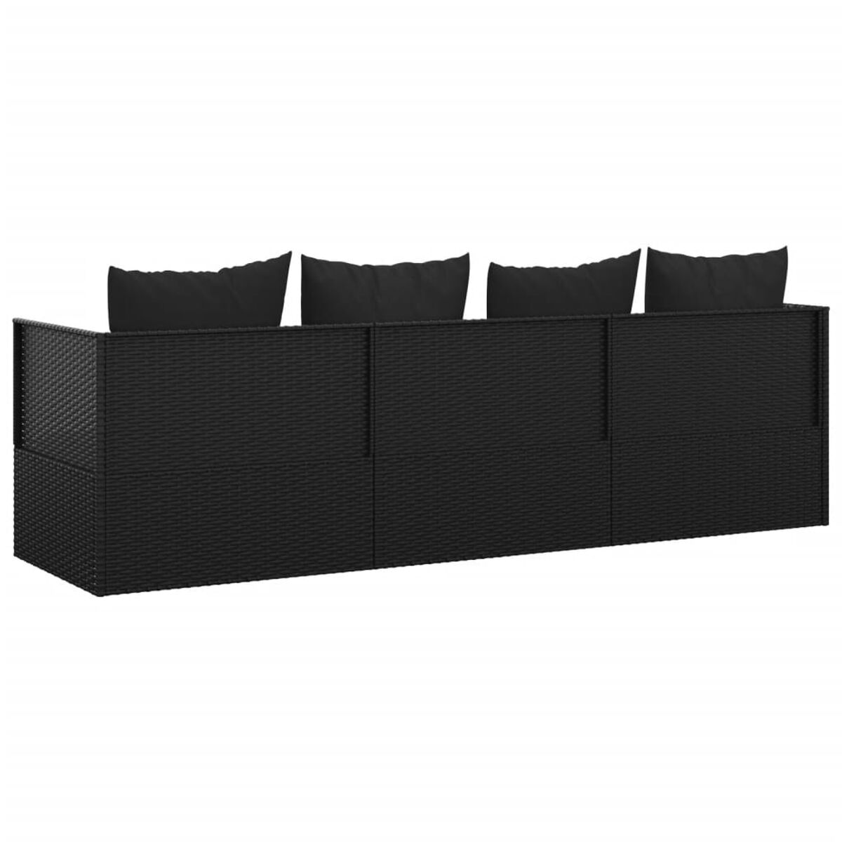 Schwarzes gewebtes Outdoor-Sofa mit schwarzen Kissen. Das Sofa hat eine rechteckige Form. Rückansicht.