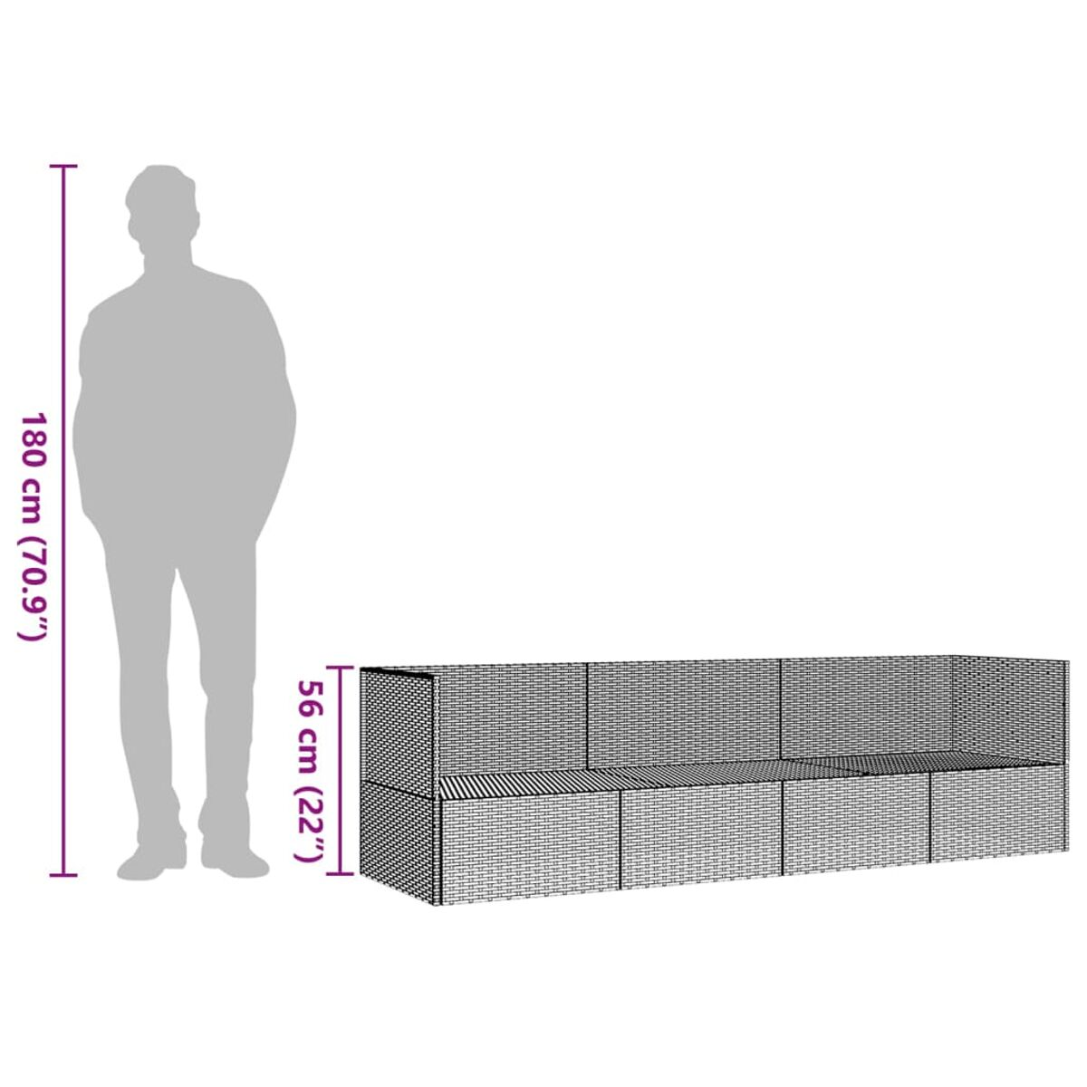 Rattanmöbel, Seitenansicht. Eine Person steht daneben. Maße in Zentimetern.