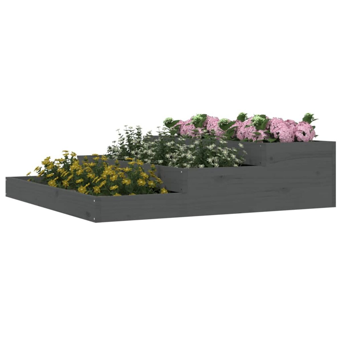 Dunkelgrauer, gestufter Pflanzkasten gefüllt mit verschiedenen Blumen und Grün.