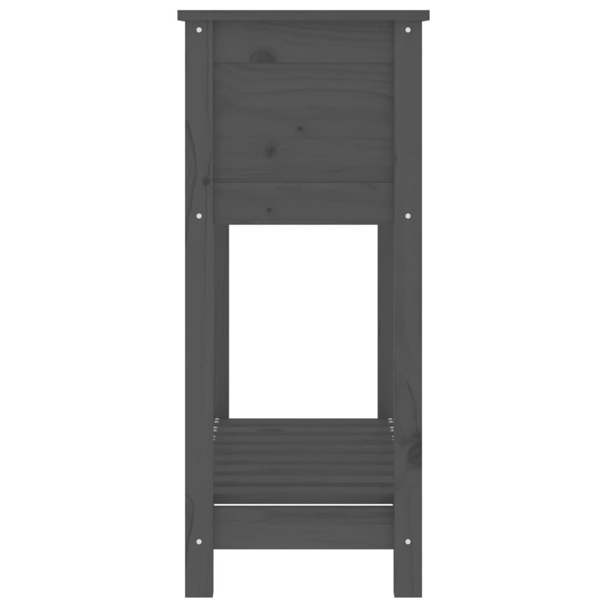 Grauer Holzschrank mit offenem Regal und Tür. Weißer Hintergrund.