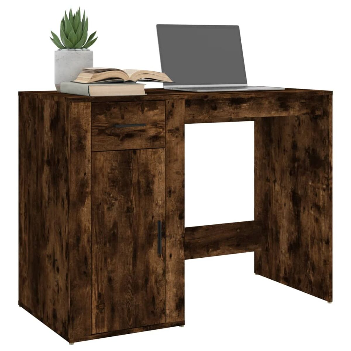 Ein brauner Holzschreibtisch mit Schrank, Schublade und Laptop. Es gibt eine Pflanze und Bücher.