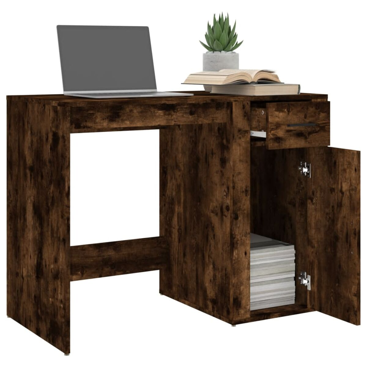 Holzschreibtisch mit Laptop, Pflanze, Büchern und Schublade. Geöffnete Tür zeigt Stauraum.