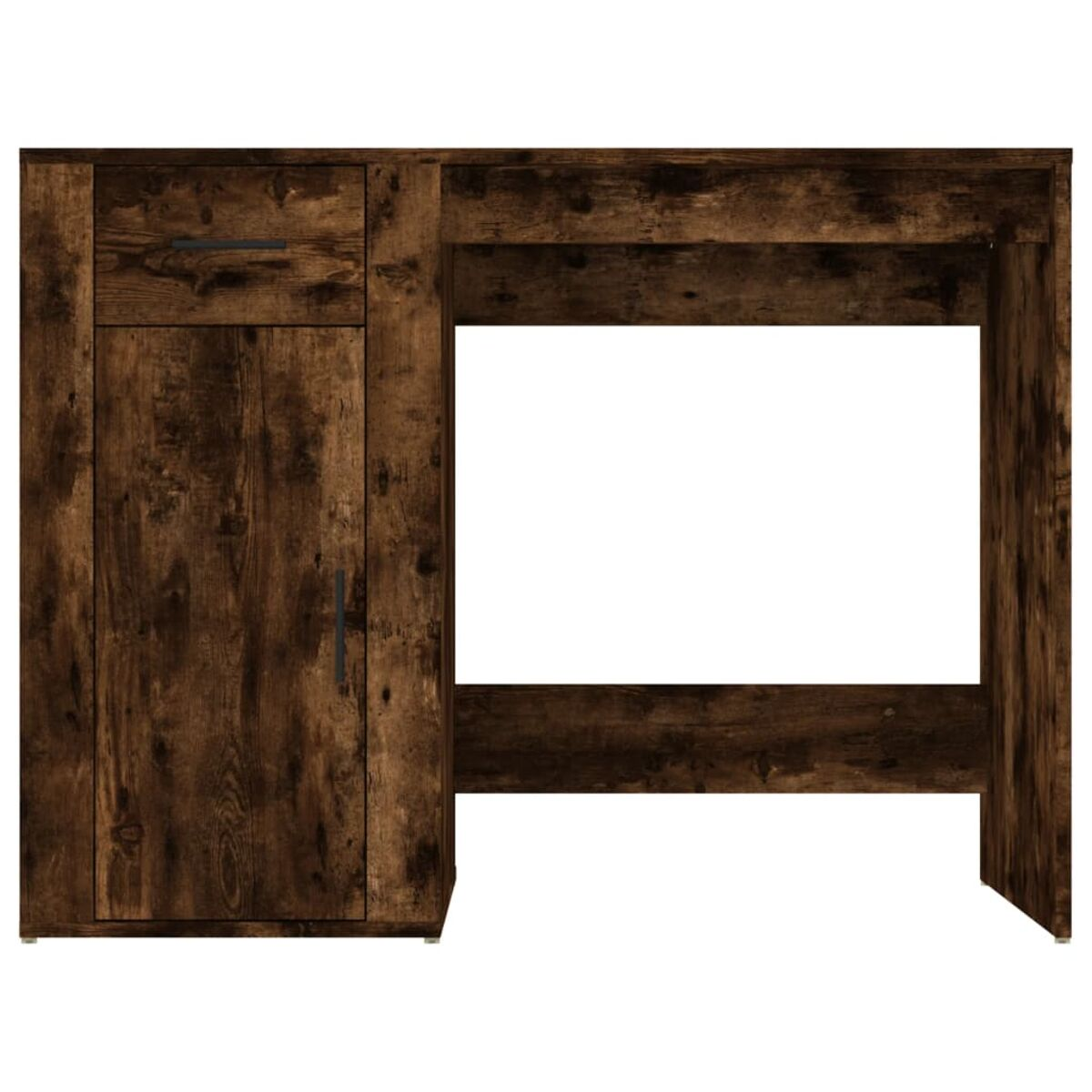 Holzschreibtisch mit Schrank und Schublade links und offenem Raum rechts.