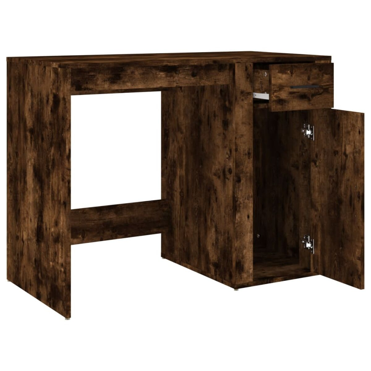 Ein brauner Holzschreibtisch mit geöffneter Schublade und geöffneter Schranktür. Der Schreibtisch steht vor weißem Hintergrund.