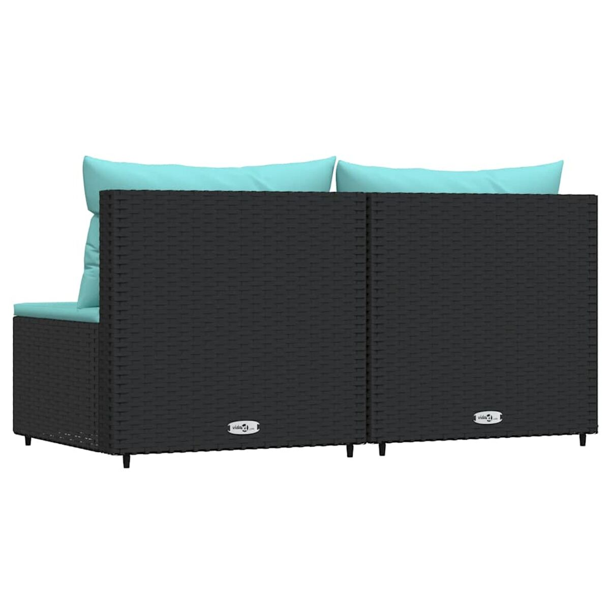 Schwarzes Outdoor-Sofa aus Korbgeflecht mit türkisfarbenen Kissen, R ückansicht, auf weißem Hintergrund.