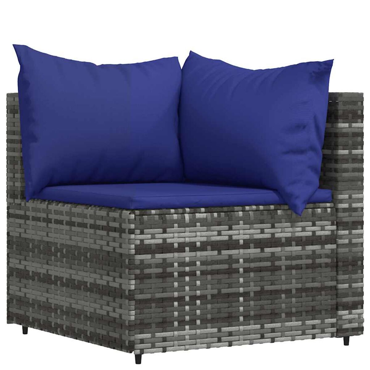 Ecksofa aus Weide mit blauen Kissen. Graues Weidengeflecht und blaue Kissen.