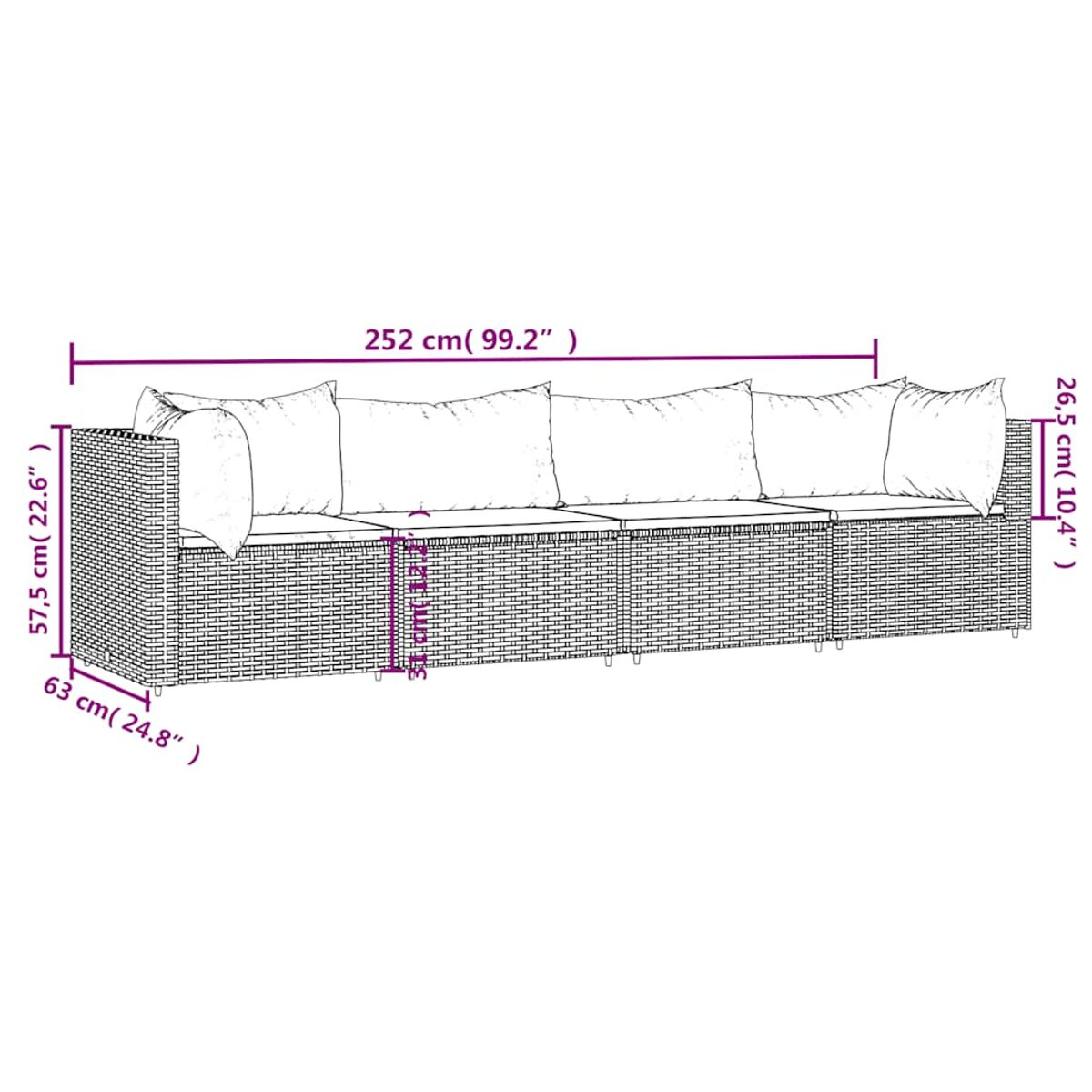 Ein weißes Outdoor-Sofa mit Kissen. Abmessungen sind angegeben.
