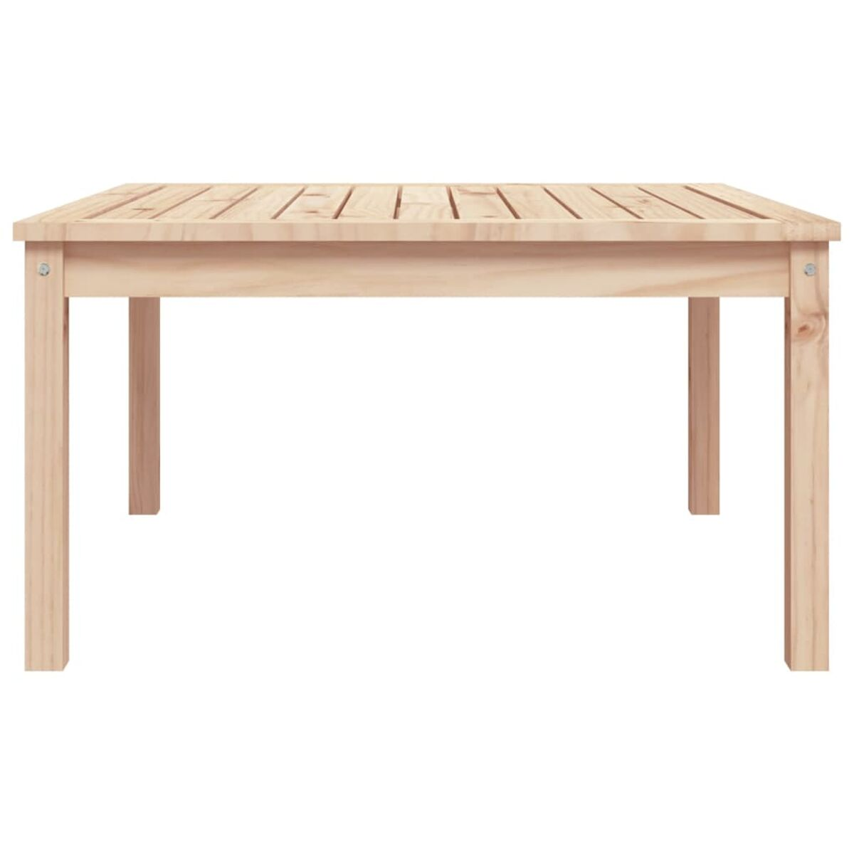 Holztisch für draußen mit horizontalen Lamellen, schlichtes Design.