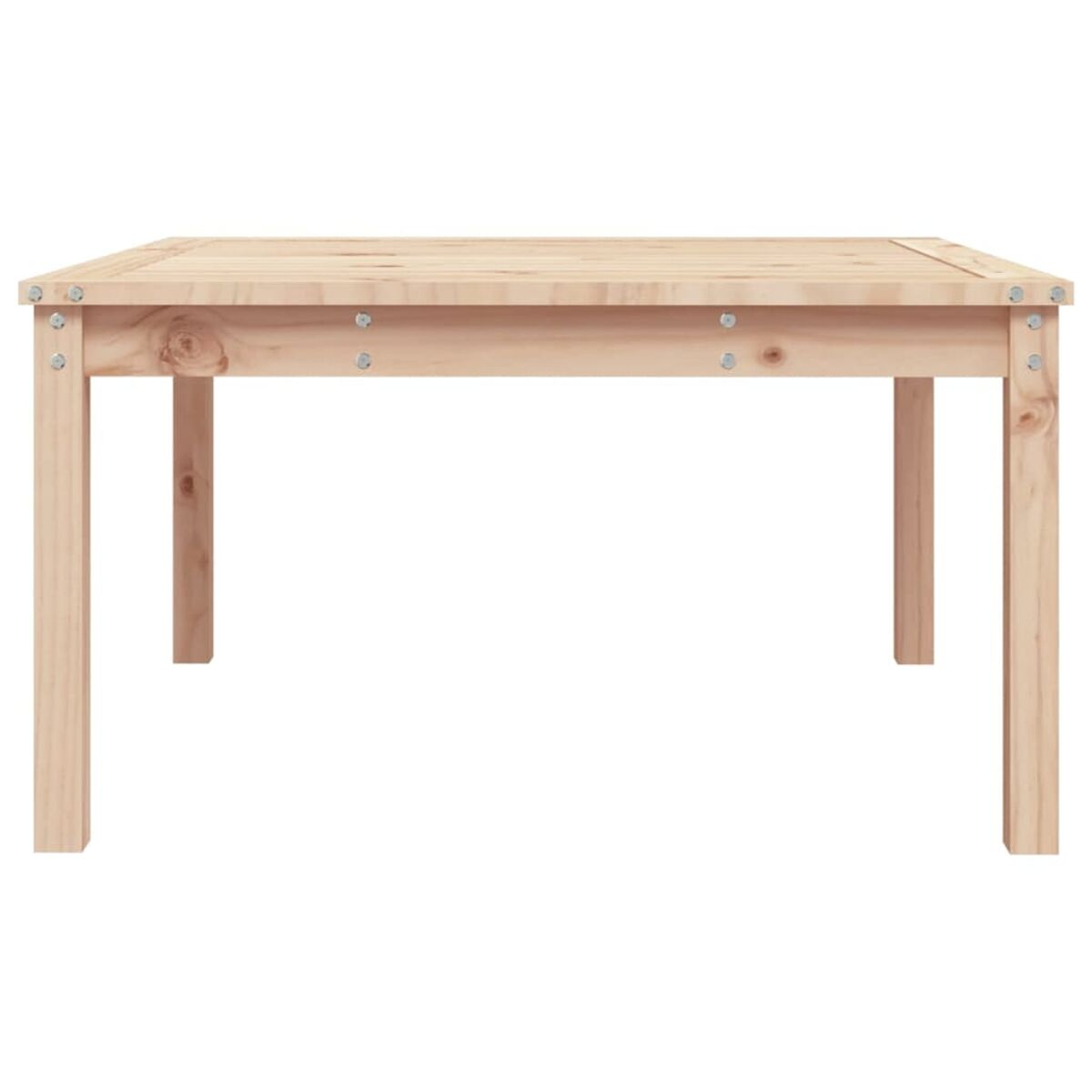 Holztisch mit quadratischer Platte und vier Beinen. Schrauben am oberen Rand.
