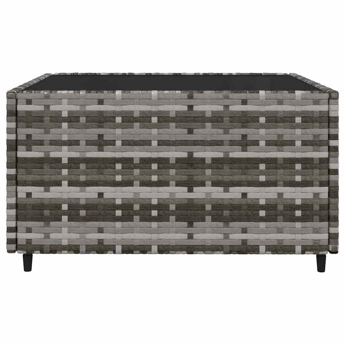 Rechteckiger grauer Rattan-Couchtisch mit schwarzen Beinen.