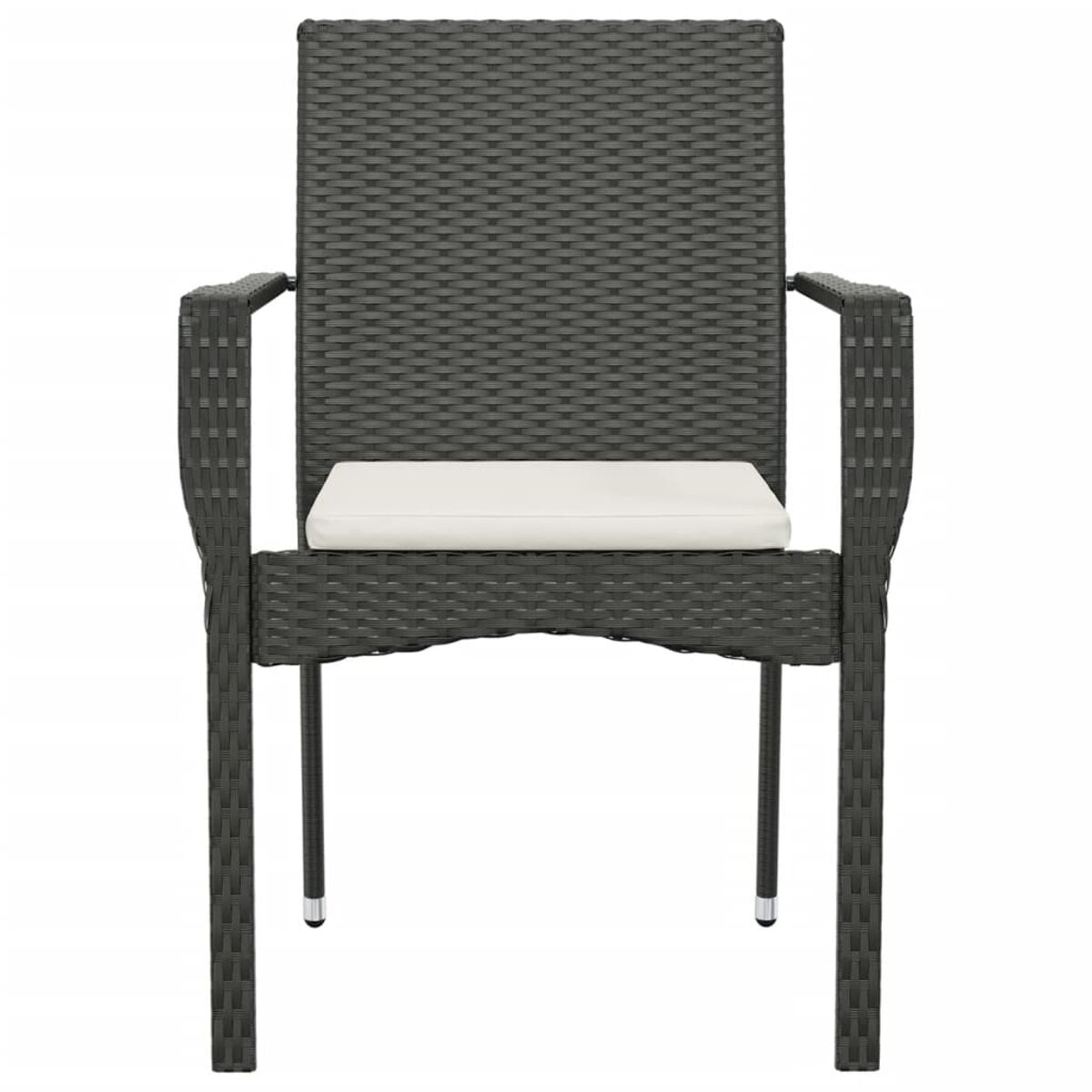 Dunkelgrauer Korbstuhl mit weißem Kissen auf weißem Hintergrund.