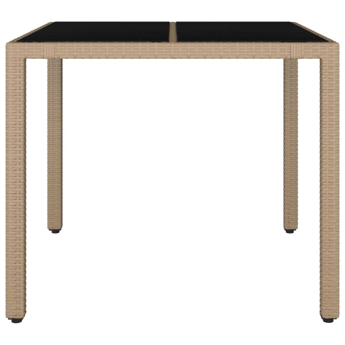 Quadratischer gewebter Tisch mit schwarzer Glasplatte und beigem Rahmen, vier Beine.