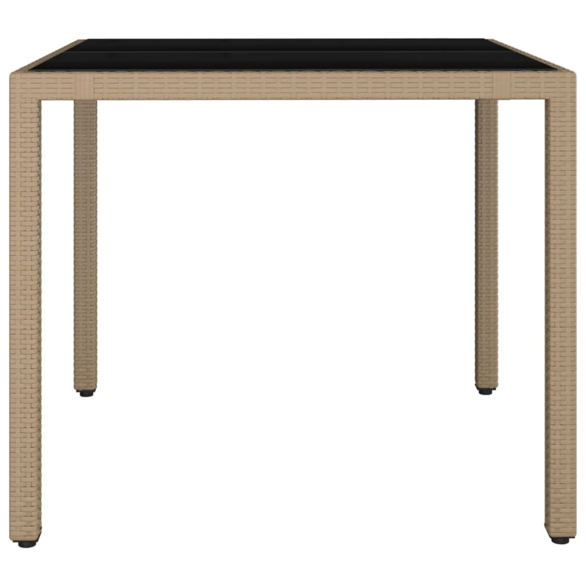 Beiger quadratischer Tisch mit schwarzer Platte und vier Beinen.