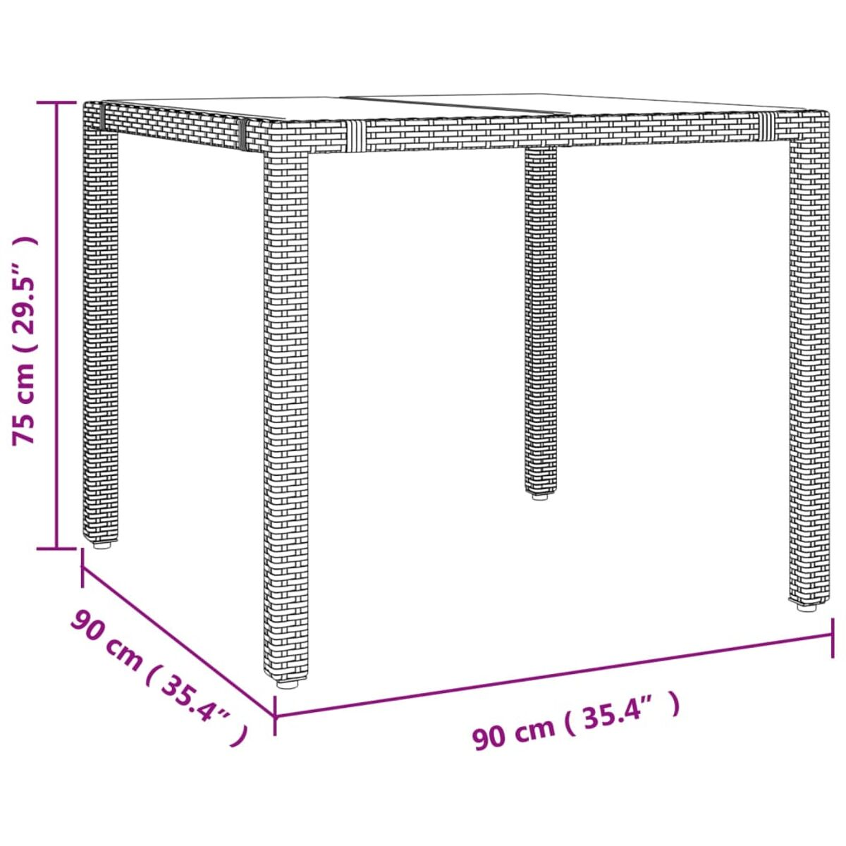 Quadratischer Korbtisch mit angegebenen Abmessungen. Der Tisch hat vier Beine.