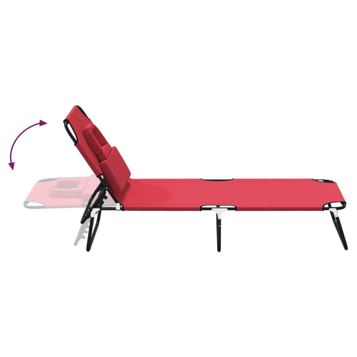 Roter und schwarzer Outdoor-Liegestuhl, weißer Rahmen, weißer Hintergrund.