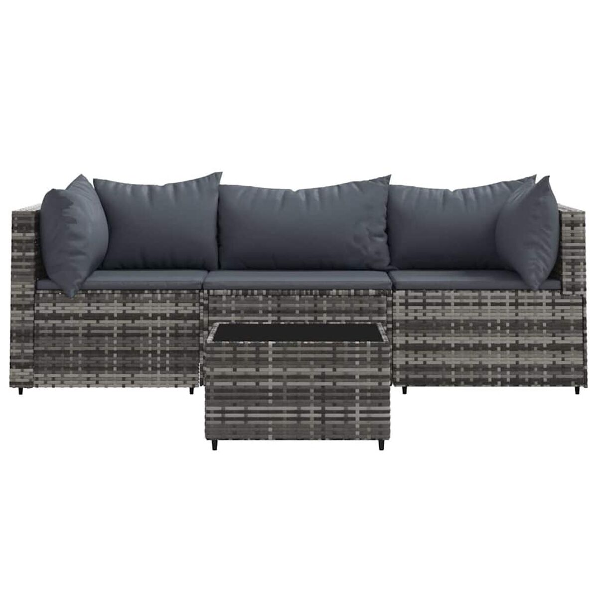 Graues Korbmöbel-Set mit Kissen und passendem Tisch.