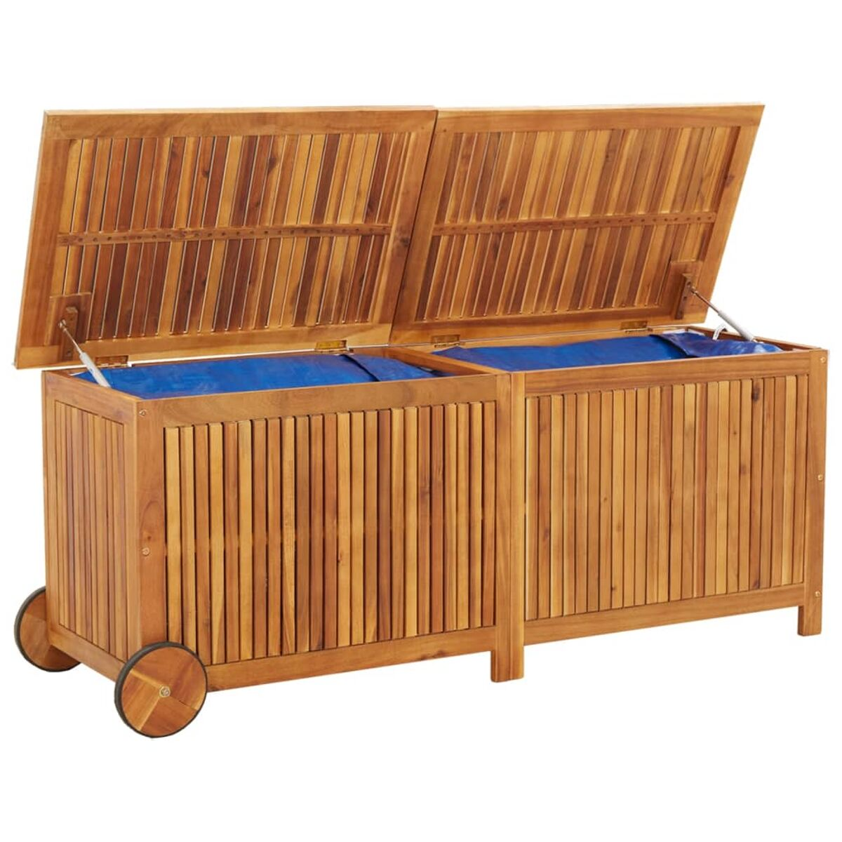 Holz-Aufbewahrungstruhe mit zwei offenen Deckeln, die blaue Innenausstattung zeigen, auf Rädern.
