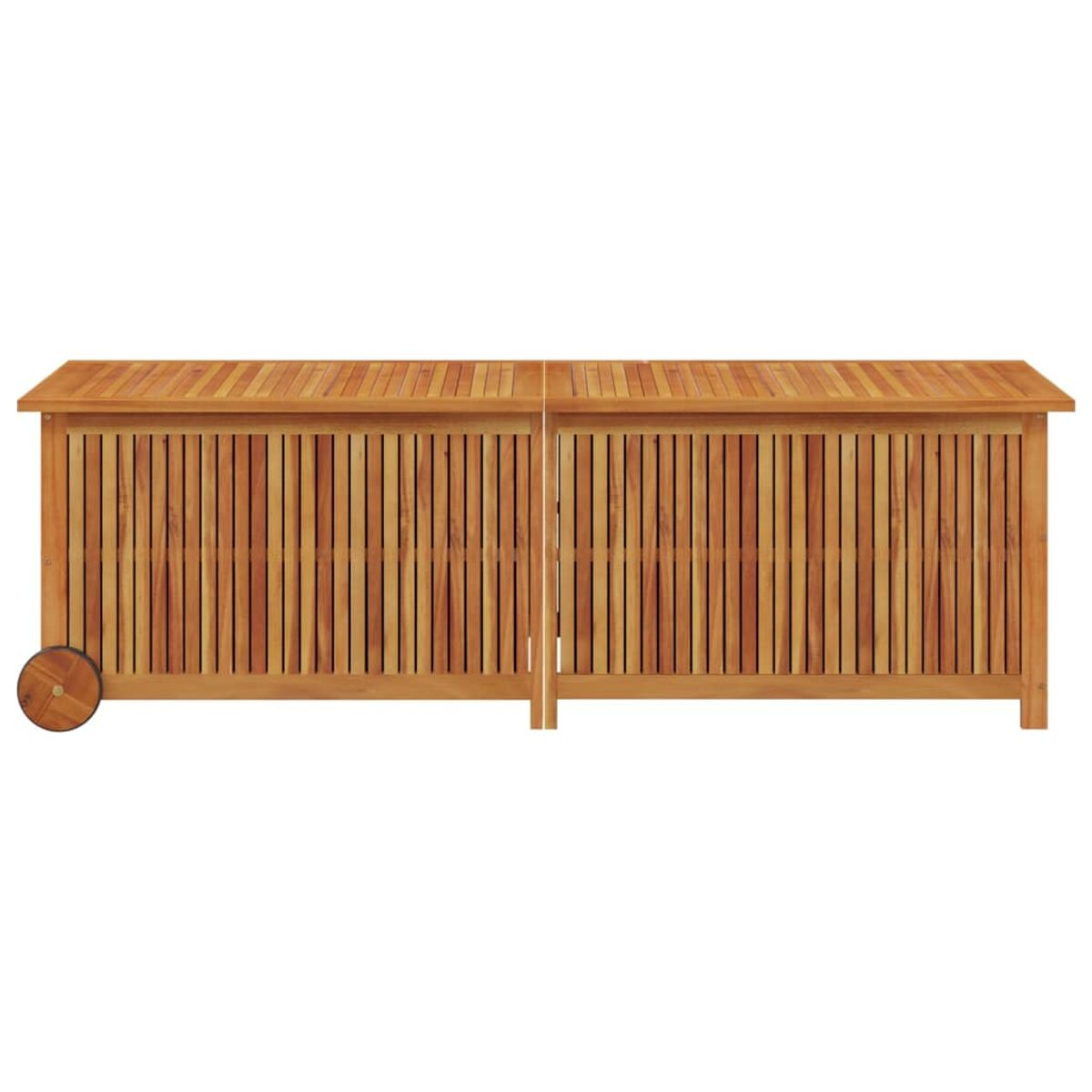 Holzaufbewahrungsbox mit vertikalen Lamellen und Rädern.