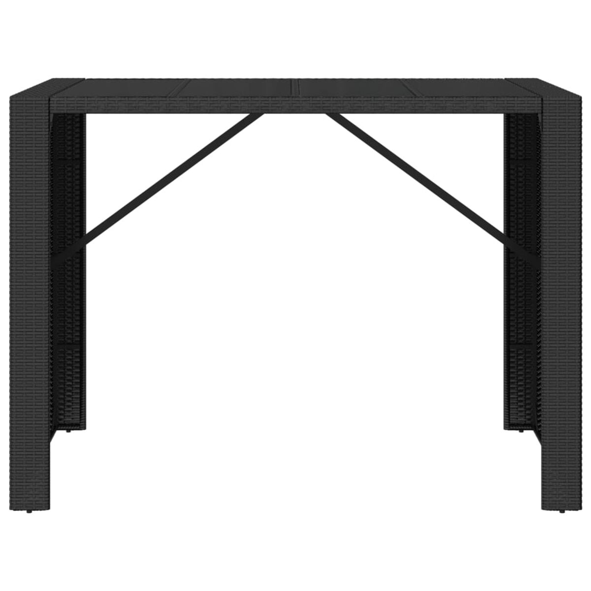 Schwarzer Rattan-Bartisch mit einfachem Design und Stützbalken.