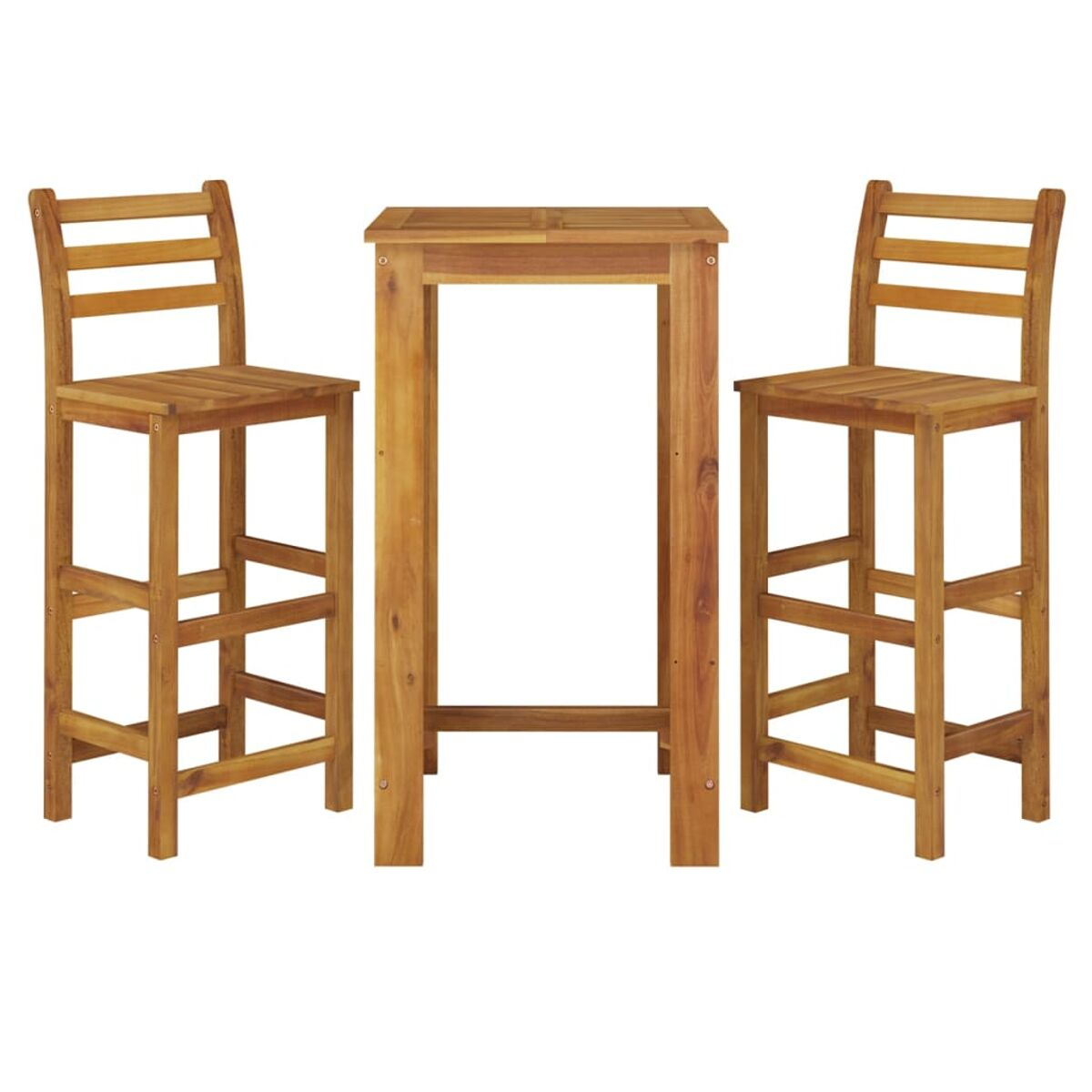 Drei Barhocker aus Holz und ein hoher Tisch aus Holz.