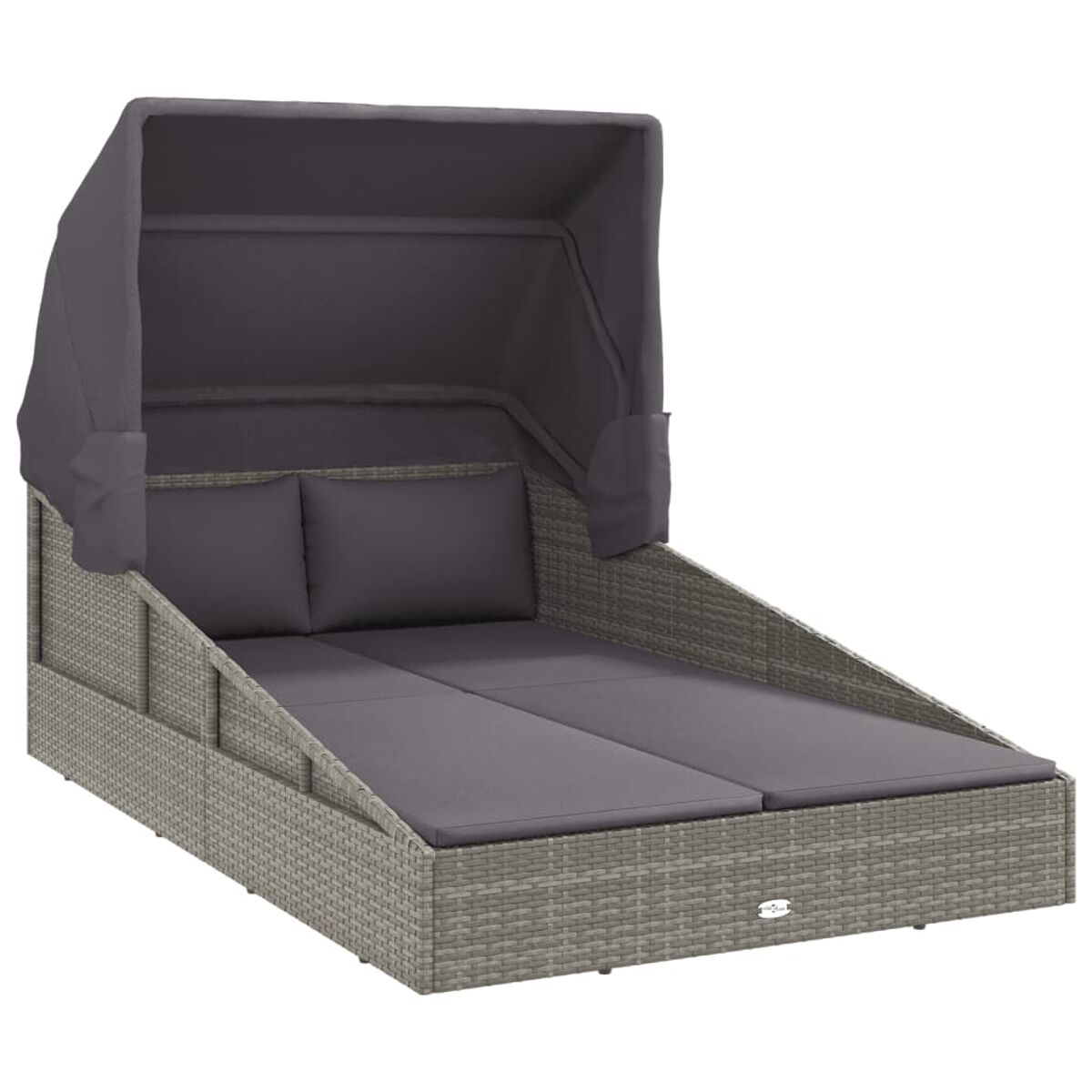 Graues Outdoor-Daybed mit Baldachin, zwei Kissen und gewebter Basis.