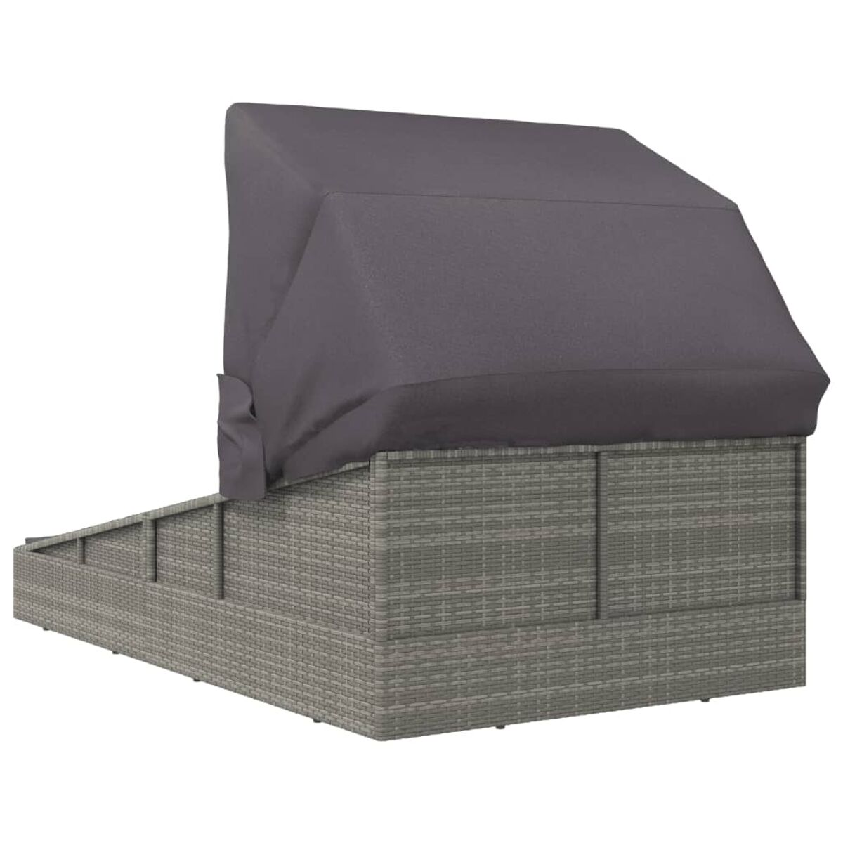 Ein graues Rattan-Outdoor-Daybed mit einem dunkelgrauen Baldachin. Das Daybed steht auf einer Terrasse.