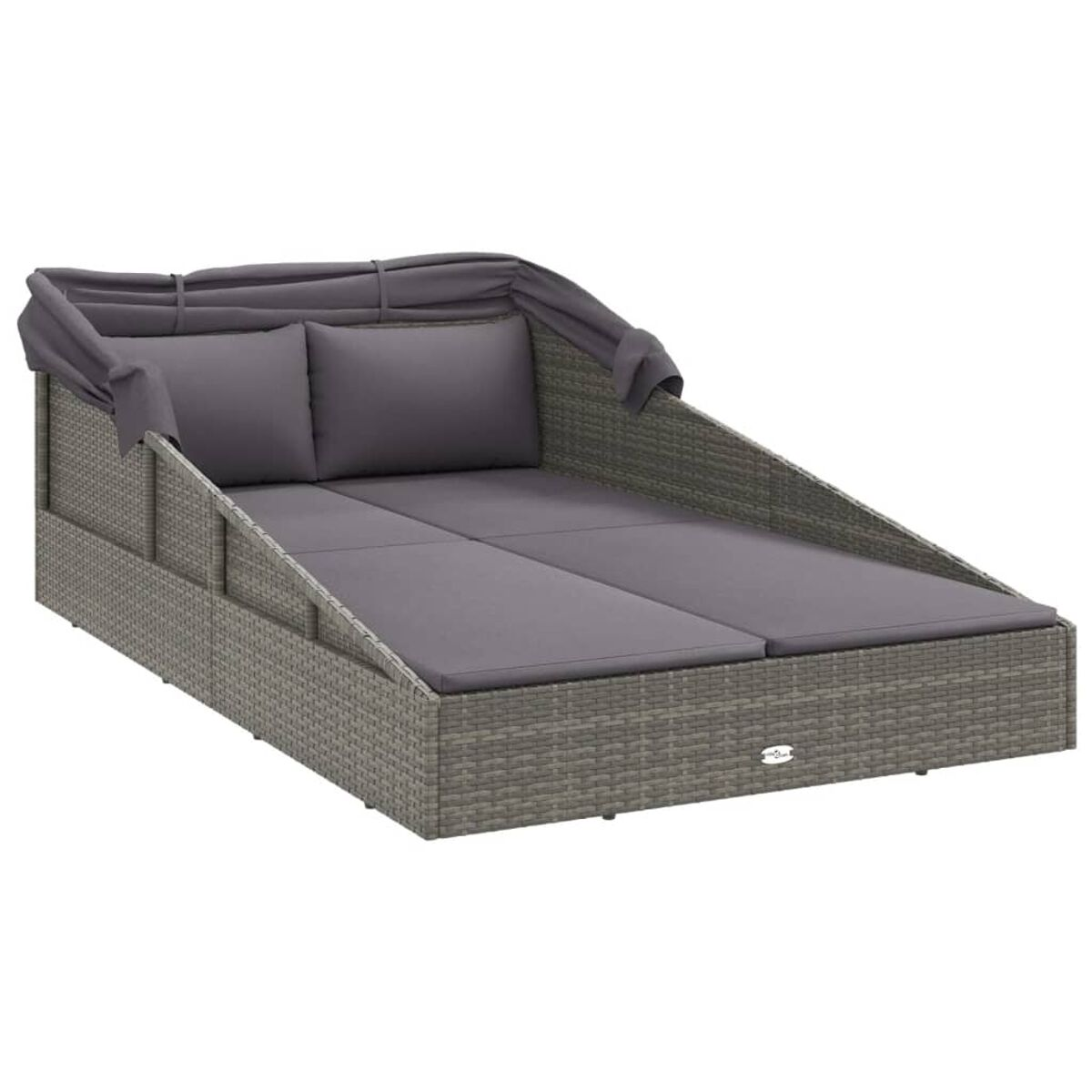 Eine graue Outdoor-Lounge aus Korbgeflecht mit grauen Kissen und einem Verdeck.