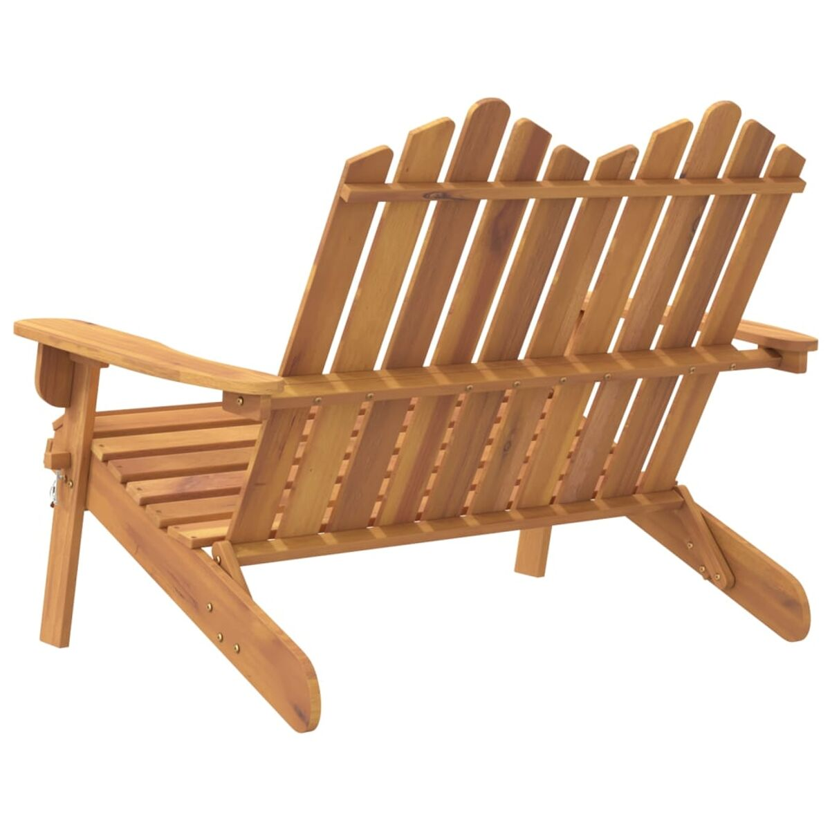 Adirondack-Stuhl aus Holz, Rückansicht. Hellbraune Farbe. Weißer Hintergrund.