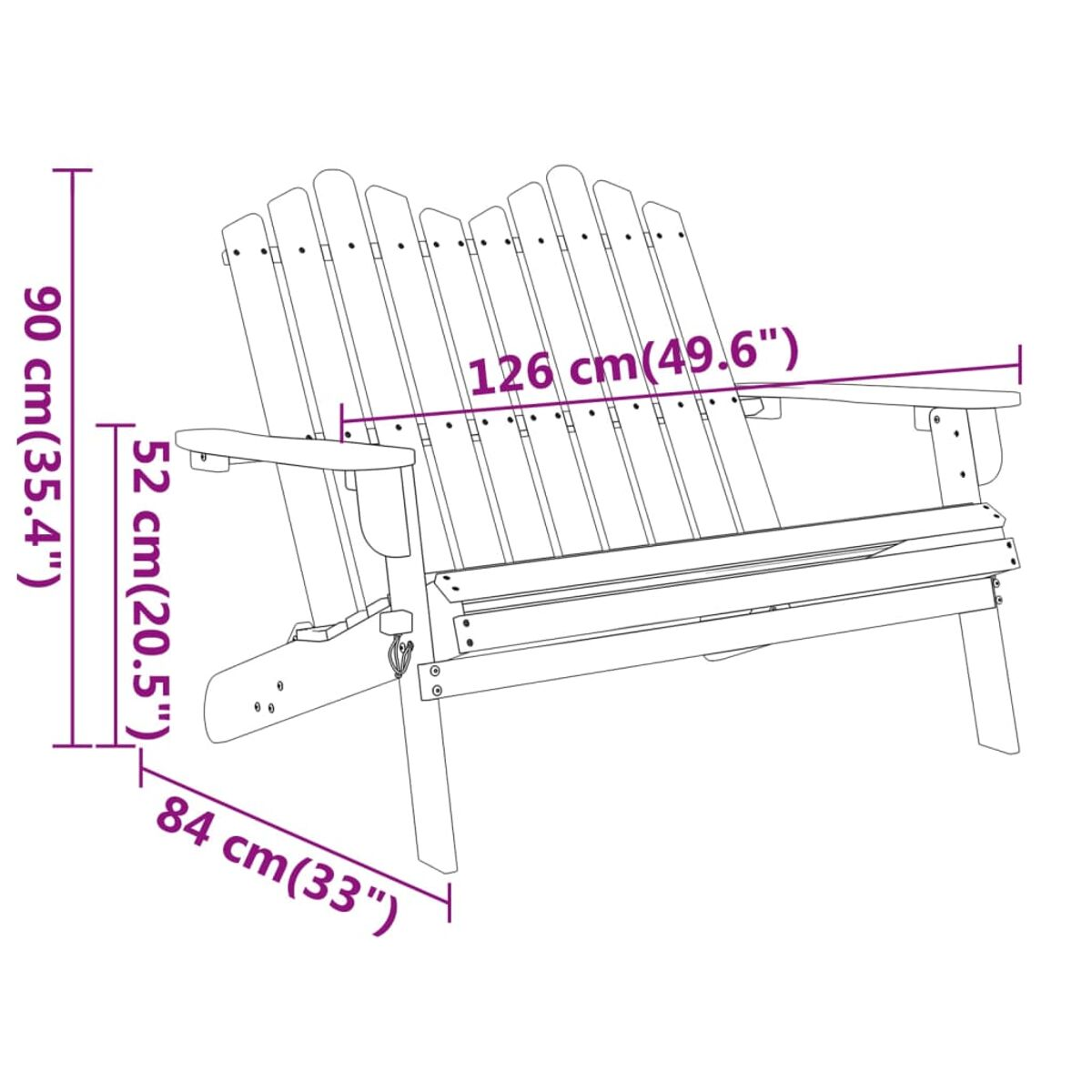 Ein hölzerner Adirondack-Stuhl mit Abmessungen in cm und Zoll, Seitenansicht.