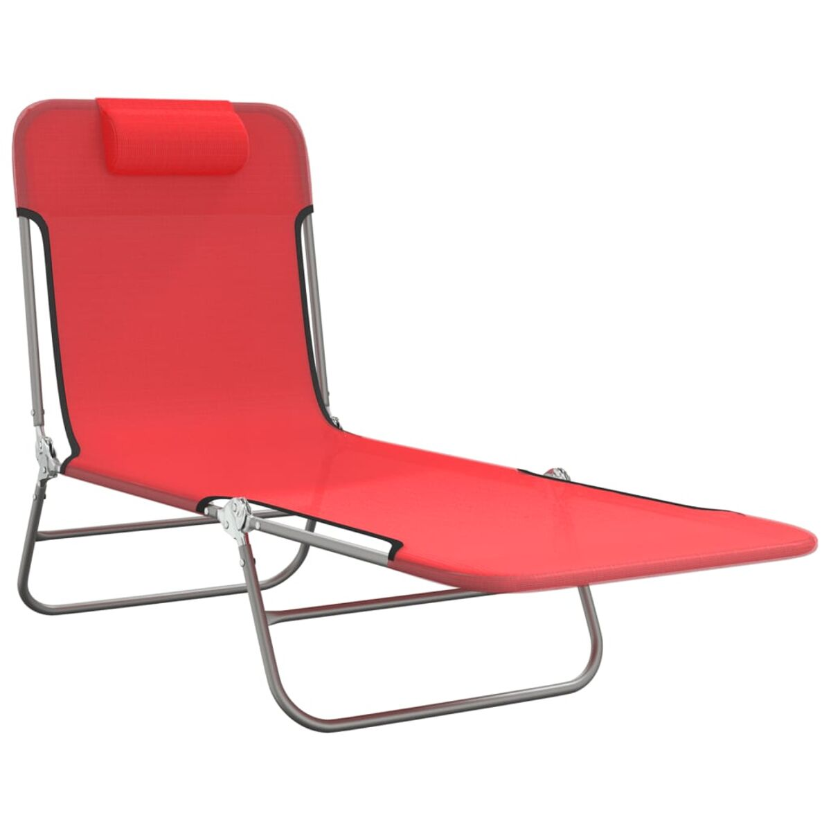 Roter Klapp-Strandstuhl. Silbernes Gestell, roter Stoff und Kissen.