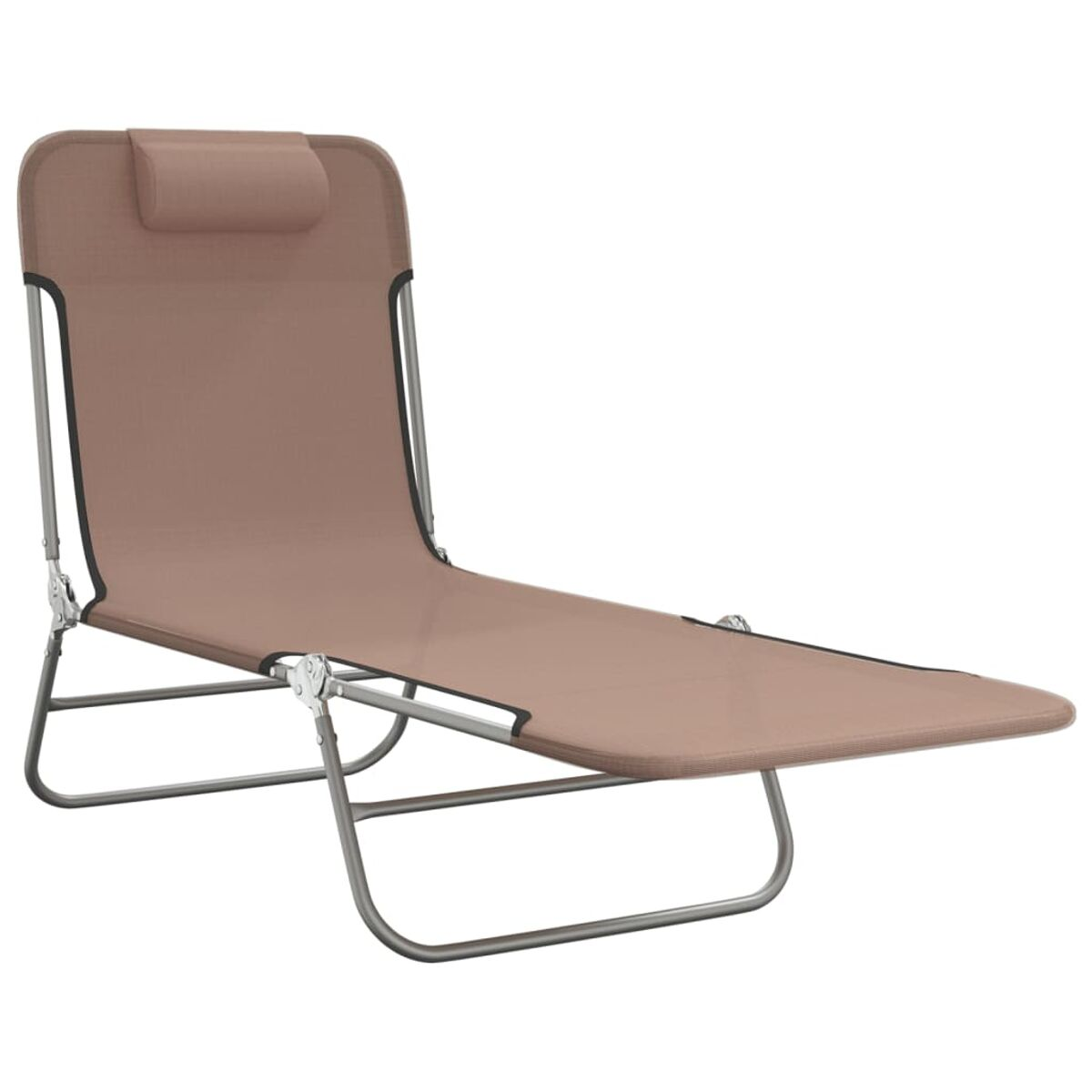 Liegestuhl, brauner Stoff, silberner Rahmen. Einfaches Design, ideal zum Entspannen.